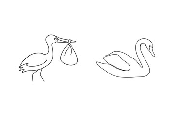 Obraz premium Simple line art illustration of a stork carrying a bundle and a elegant swan design