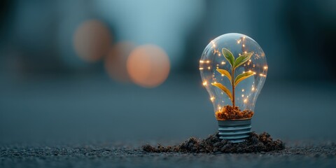 Illuminated light bulb with growing plant symbolizing innovation and sustainability