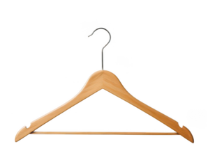 the image shows a garment support device, commonly used for hanging clothing, against a dark background. the main body is crafted from light colored wood and features an angled shape