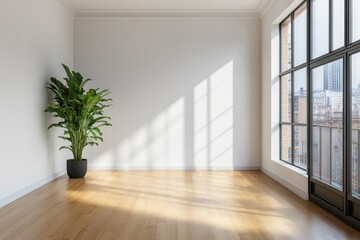 Obraz premium Empty, bright room with large windows and a single plant