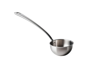 a metallic ladle stands out against a black backdrop. the ladle is made of shiny metal. it has a long, curved handle with a hole at the end, and a deep, round bowl