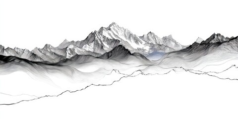 Obraz premium Black and white abstract mountain line art landscape with layers and peaks