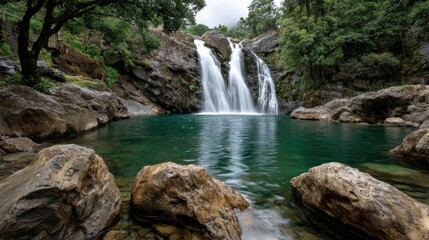 Fototapeta premium Majestic waterfall cascading into serene pool surrounded by lush forest