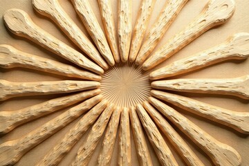 Wooden Spokes Arranged in a Radial Pattern on a Light Tan Surface