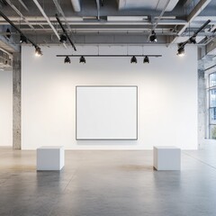 Empty gallery space, modern industrial style.  Large blank canvas,  white walls, concrete floor,  and  minimalist architecture.  Two white cube pedestals.  Well-lit