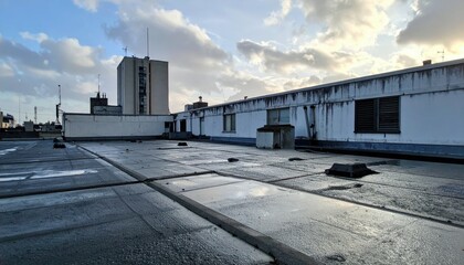 Obraz premium Rooftop Scene Under Cloudy Sky with Water Reflection and Secrecy Vibes