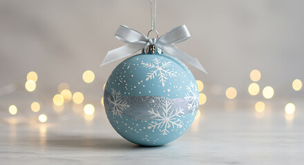 Blue Christmas ornament with silver snowflakes hanging on ribbon  