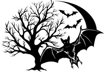 Fototapeta premium Black silhouette of a bat with wings outspread in flight, bat, silhouette, wings, flight, animal, creature, vector, illustration, design, graphic, art, shape, symbol, icon, black, white, dark, night, 