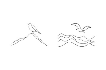Simple black and white line art illustration of birds seagull and waves on white background