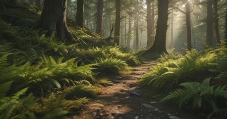 Fototapeta premium Sun-dappled ferns and velvety moss carpet the forest floor , wild, natural