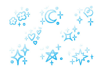 Cyan Pixel Gradient Sparkle Celestial. A complete collection of 8 halftone pixel elements in cyan gradient featuring sparkles stars moon hearts flowers shapes. Perfect for dreamy digital designs
