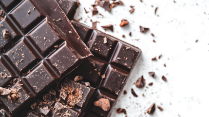 A close up of a chocolate bar with chocolate chips on top