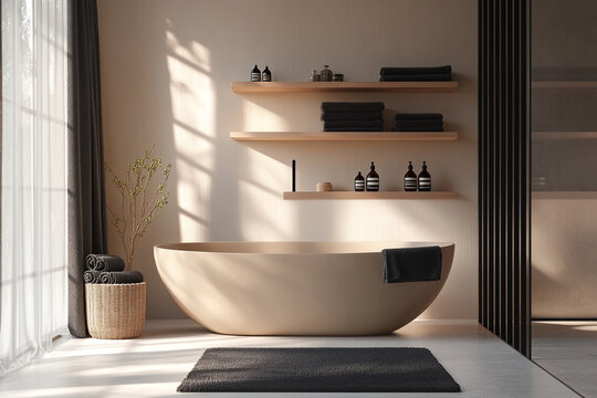 modern minimalist bathroom with beige and black colors