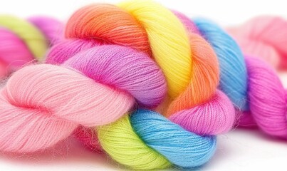 Rainbow yarn twisted knot, close-up, white background, craft supplies