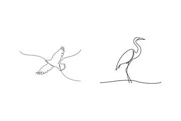 Elegant line art depicting a dove in flight and a graceful heron illustration