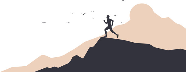 Fototapeta premium Runner on Mountain Ridge at Sunrise - Minimalist Vector