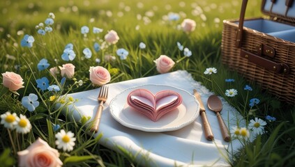 Romantic picnic setup outdoors with a plate, cutlery, and a heart-shaped napkin fold on a white cloth, surrounded by blooming flowers, ideal for love and special occasions