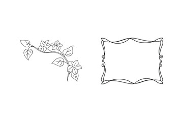 Elegant floral vine and frame black and white vector elements on white background