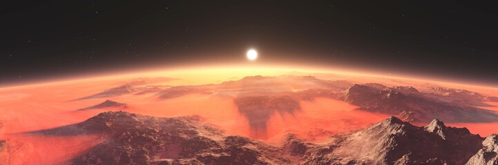 Alien landscape, fantastic mountains on an alien surface, star rising in the fog of an alien landscape, 3D rendering