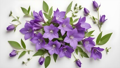 Elegant purple balloon flowers and fresh green leaves arrangement on a bright white surface.