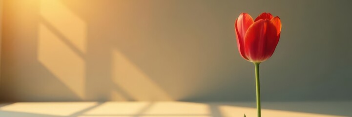 Golden hour illuminates a solitary tulip in a minimalist studio setting , purple, texture