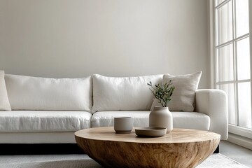 Modern living room design featuring cozy sofa and natural wood coffee table contemporary home minimalist aesthetic