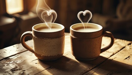 Two steaming coffee mugs on a wooden table, with heart-shaped steam rising, creating a warm, cozy, and romantic atmosphere perfect for relaxing mornings