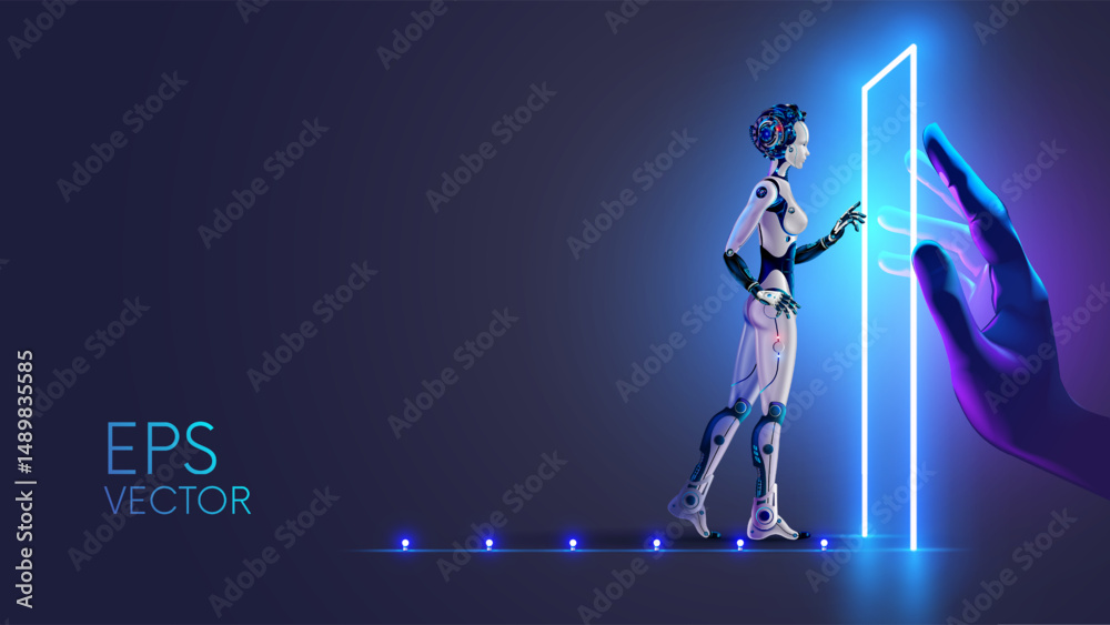 Poster higher intelligence opens the door to artificial intelligence in form of female cyborg. great opport