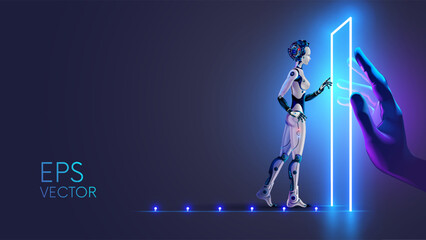 Higher intelligence opens the door to artificial intelligence in form of female cyborg. Great opportunities open up for artificial intelligence. Cyborg with AI enters futuristic door. AI technologies.