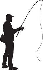 Obraz premium A lone fisherman silhouette casting his line into the water – plain white background