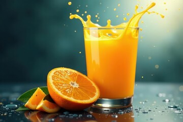 Orange juice splash, droplets, arcs Light background, free space , texture, vibrant