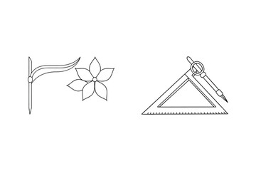 Black and white line art illustration featuring flower and drafting tool elements