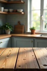 Rustic wood grain tabletop, soft kitchen window blur, texture, warm