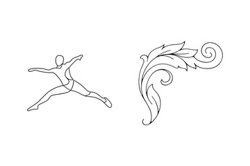 Fototapeta premium Minimalist linear illustration of a dancer in motion and a decorative ornamental element