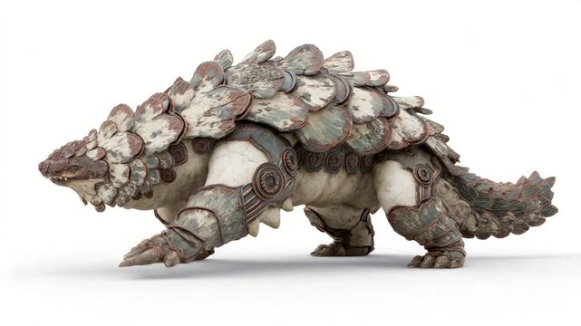 White background, armored creature, rusty brown and white scales, walking, detailed texture, fantasy animal, 3D render, digital art.