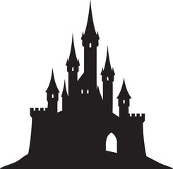 Obraz premium Silhouette of a medieval castle with towering spires and battlements – plain white background