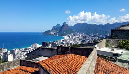 Obraz premium Stunning Rooftop View of Rio de Janeiro Coastline and Mountains