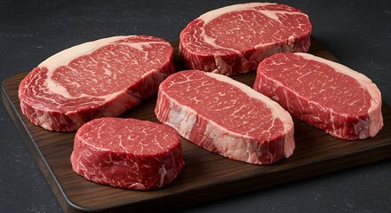 Assortment of fresh raw beef steaks on a wooden board for gourmet cooking