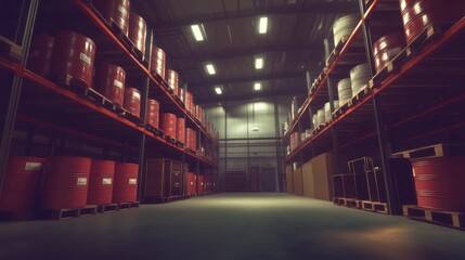 Industrial warehouse interior, storage, barrels, pallets, logistics
