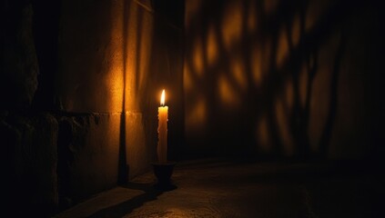  Single lit candle in a dark, empty room creates a warm glow and a sense of solitude, evoking reflection and serenity in a mysterious atmosphere