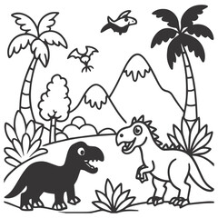Minimalist Black and White Dinosaur in Prehistoric Landscape