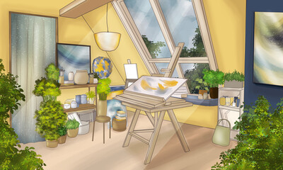 artist studio in attic 