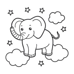 Cute Black and White Cartoon Elephant with Stars and Clouds