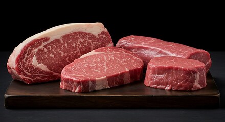 Obraz premium Assortment of raw beef cuts featuring ribeye, New York strip, and tenderloin steaks
