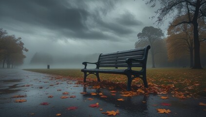 Empty park bench on a rainy autumn day with leaves scattered on wet pavement, set against a moody, misty background creating a peaceful yet melancholic atmosphere