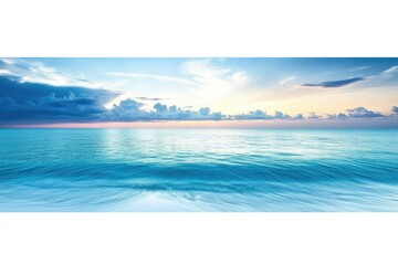 Obraz premium Serene ocean panorama at sunrise or sunset. Vast expanse of turquoise water meeting a pastel sky with dramatic clouds. Gentle waves near the shore