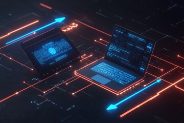 Two devices, a tablet and a laptop,  connected by glowing circuitry, showcasing digital data and security