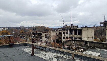 Fototapeta premium Desolate Rooftop View of Ruined Buildings in Post-Apocalyptic Landscape