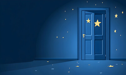 Blue door, ajar, shining in a dark room with floating stars, creating a mysterious, dreamlike atmosphere