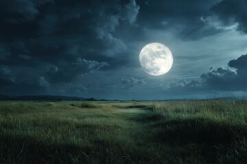 Full Moon over Serene Grassland at Night